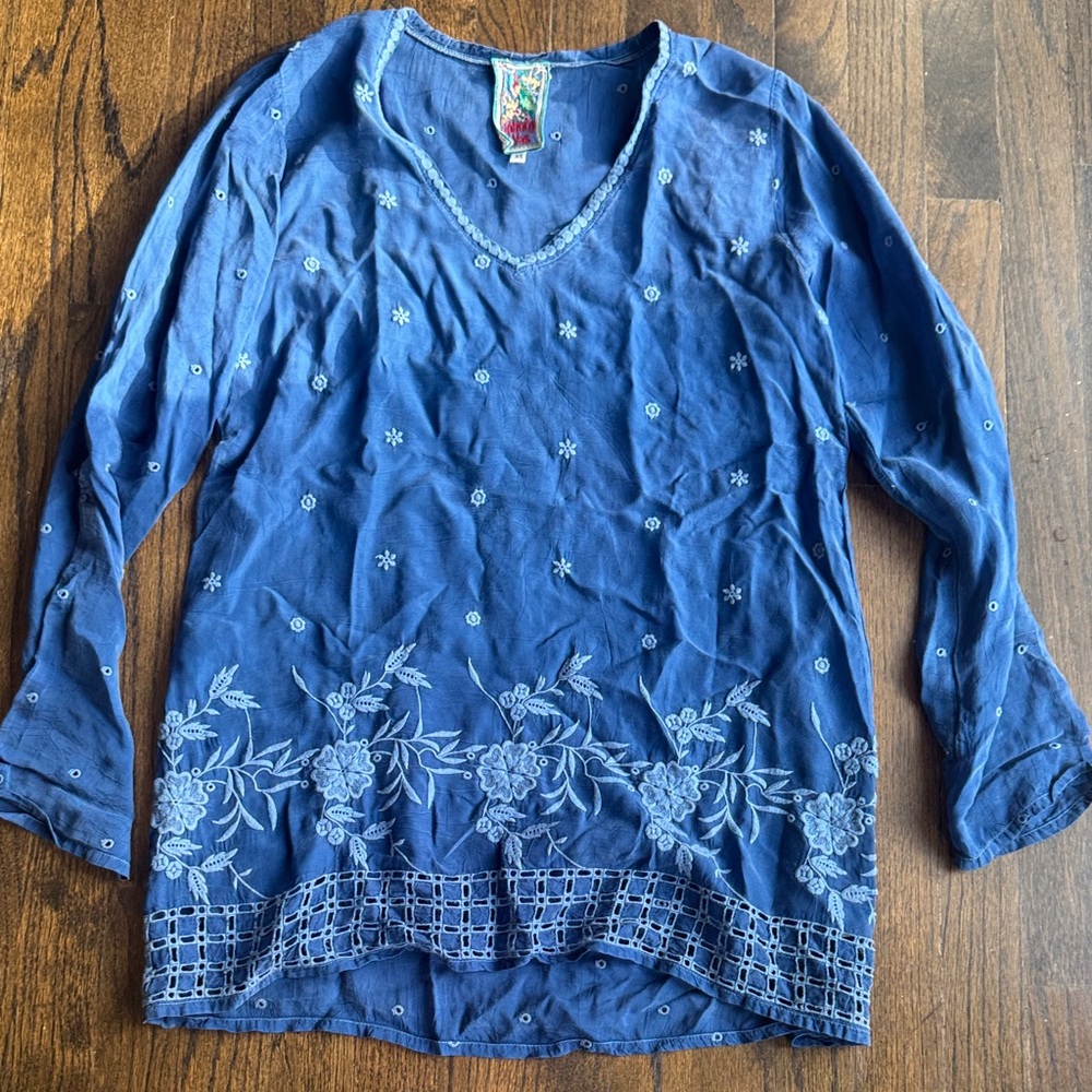 Johnny Was Floral Embroidered Blue Tunic